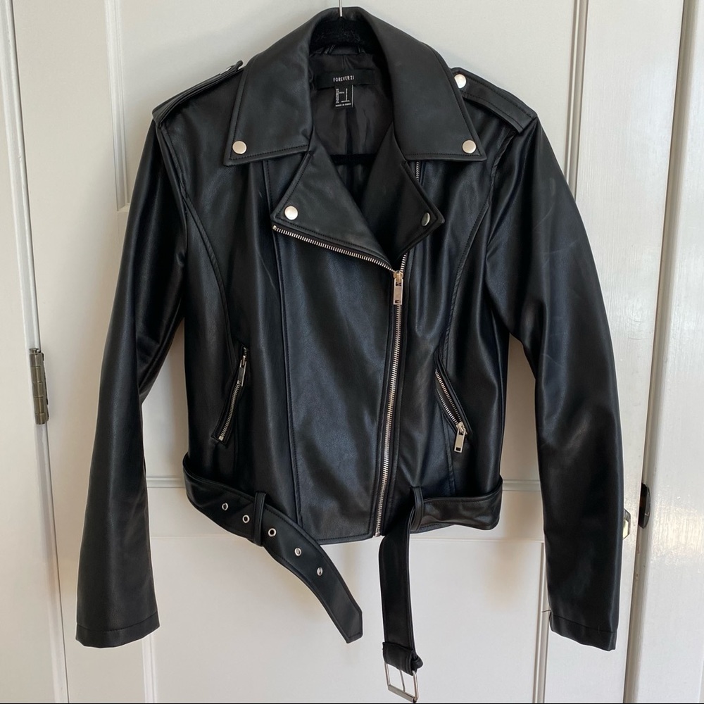 Forever 21 Black Faux Leather Belted Moto Jacket